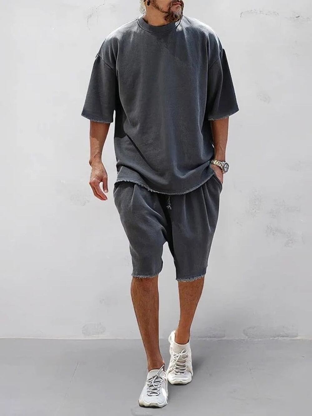 COOFANDY M Men 2 Piece Casual Shorts Set Dark Gray Raw Hem Cotton Tracksuit NWT